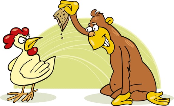 Illustration of malicious monkey and chicken