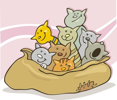 Cartoon illustration of many happy funny cats in big sack