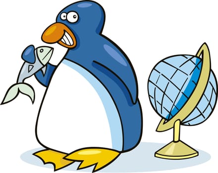 Illustration of funny penguin with fish and globe