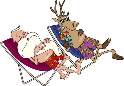 cartoon illustration of santa and reindeer having a rest