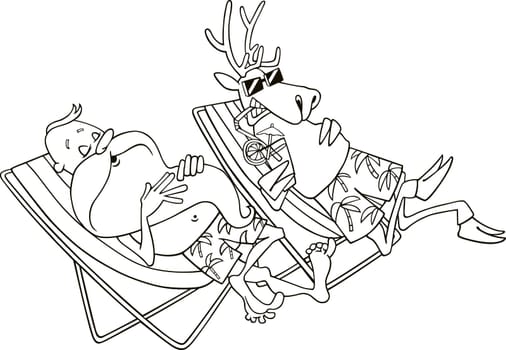 cartoon illustration of santa and reindeer having a rest for coloring book