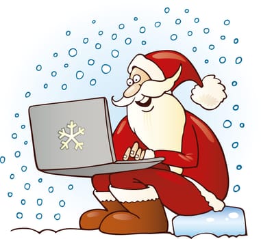 Illustration of santa claus with laptop buying gifts by internet