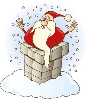 Illustration of Funny Santa Claus stuck in chimney on the roof