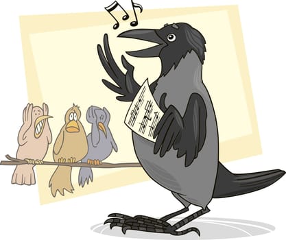 Illustration of singing crow and disgusted birds