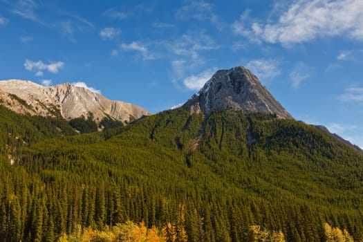 Mountain peak view from Maligne Lake Road, Jasper National Park, Alberta, Canada