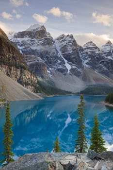 View of Wenkchemna Peaks from the shore of Moraine Lake, Banff National Park, Alberta, Canada