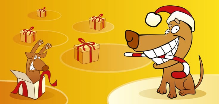 Illustration of funny santa claus dog with christmas cane