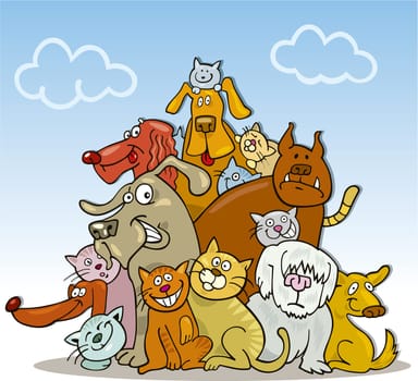 Cartoon illustration of large group of funny cats and dogs