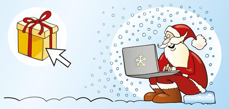 Illustration of santa claus with laptop buying gifts by internet