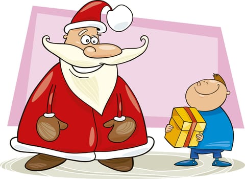 Illustration of funny santa claus with little boy and gift