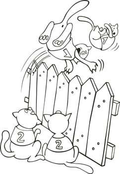 Illustration of cats jumping above the fence for coloring book