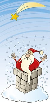 Illustration of Funny Santa Claus stuck in chimney on the roof