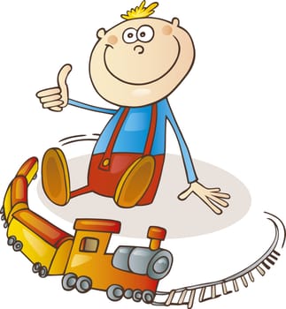 Illustration of little boy with train set