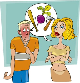 Illustration of angry woman abuses ashamed man