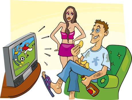Humorous illustration of sport fan watching television and his angry wife
