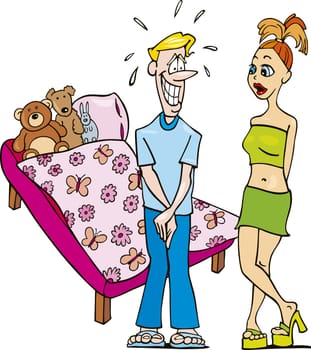 Humorous illustration of ashamed guy and shocked woman