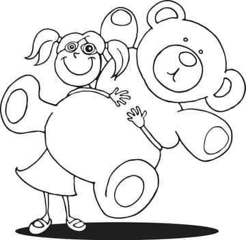 illustration of Girl with big teddy bear for coloring book