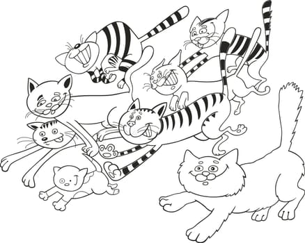 illustration of running cats for coloring book