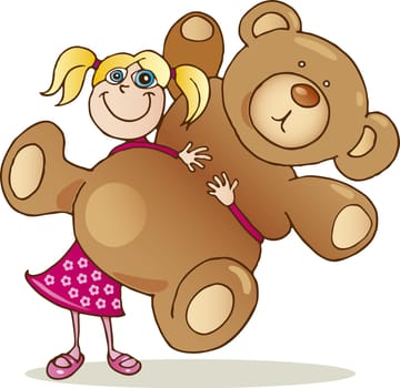 Illustration of cute girl with big teddy bear