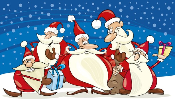 illustration of five santa clauses group