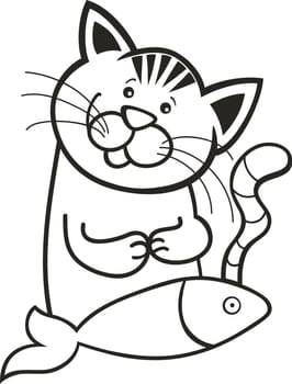 illustration of Happy cat with fish for coloring book