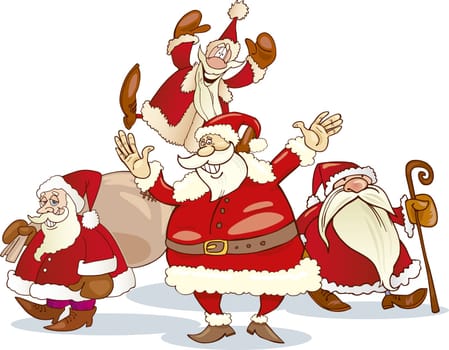 illustration of four santa clauses group
