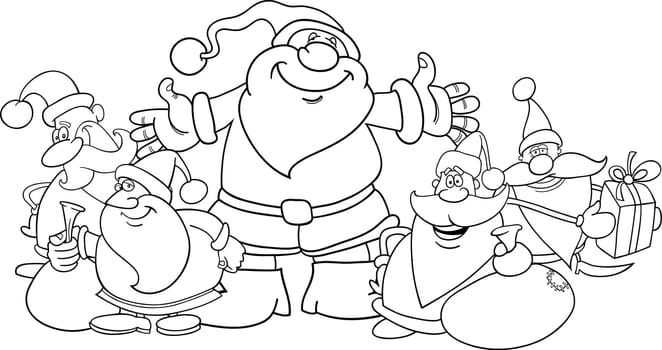 illustration of five santa clauses group for coloring book