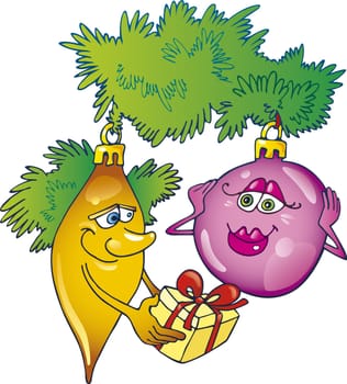 Two glass bubbles on christmas tree with gift