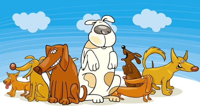 Cartoon illustration of group of funny dogs
