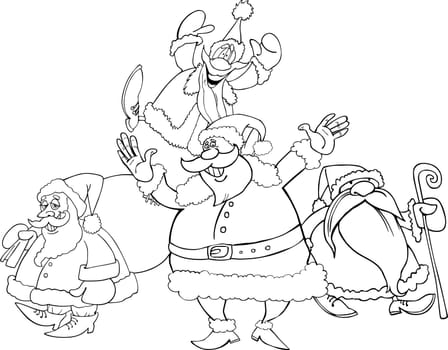 illustration of four santa clauses group for coloring book