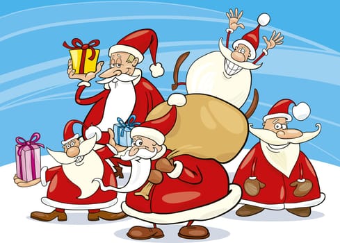 illustration of five santa clauses group