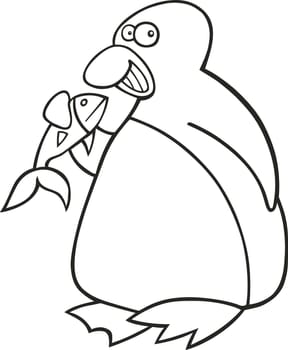 Illustration of funny penguin with fish for coloring book