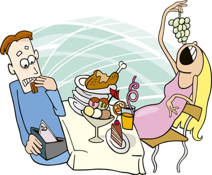 Illustration of gluttonous girl on date with boy friend
