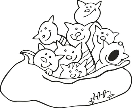 Cartoon illustration of cats in big sack for coloring book