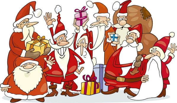 Cartoon illustration of santa claus group