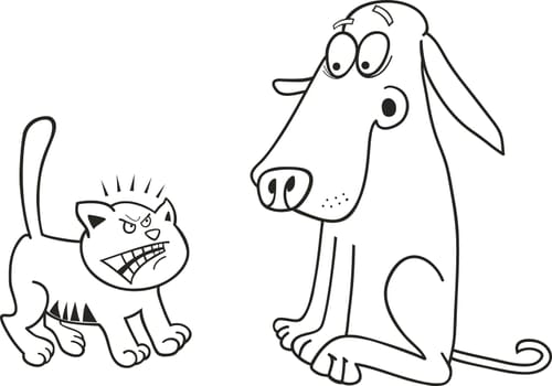 illustration of angry kitten and frightened dog for coloring book