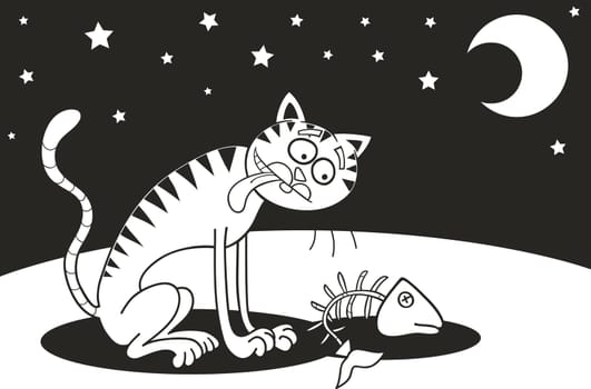 Cartoon illustration of hungry homeless cat for coloring book