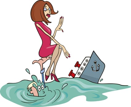 Illustration of shipwrecked couple in ocean