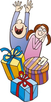 Illustration of boy and girl with gifts