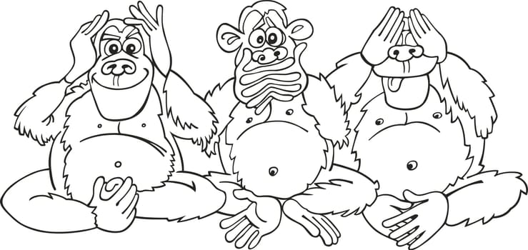 illustration of three sitting monkeys for coloring book