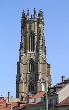 Tower of the famous Saint-Nicolas cathedral in Fribourg, Switzerland