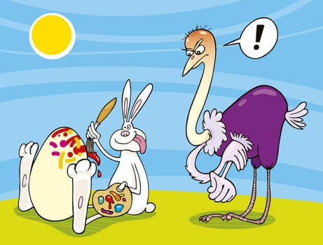 Illustration of Easter Bunny painting Egg and angry Ostrich