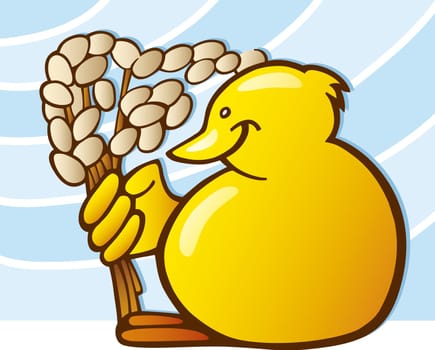 Illustration of little yellow easter chick with catkin