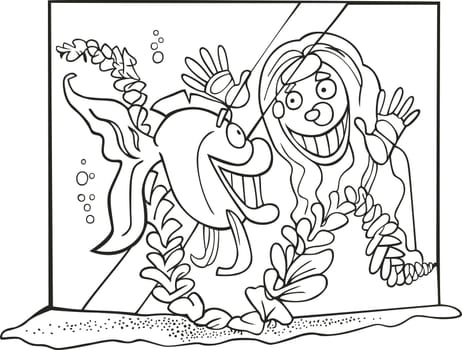 illustration of girl and fish in tank for coloring book
