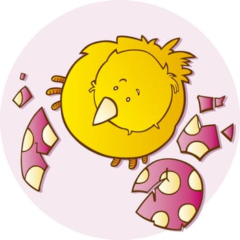 Illustration of funny Easter little chick and egg pieces