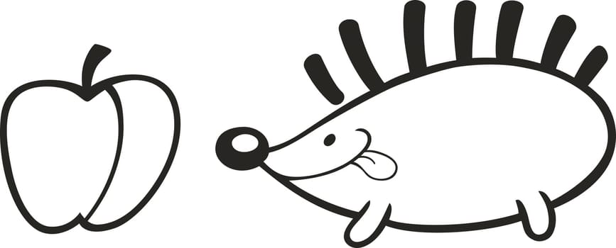 Illustration of hedgehog and apple for coloring book