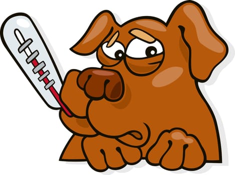 Cartoon illustration of ill dog with thermometer