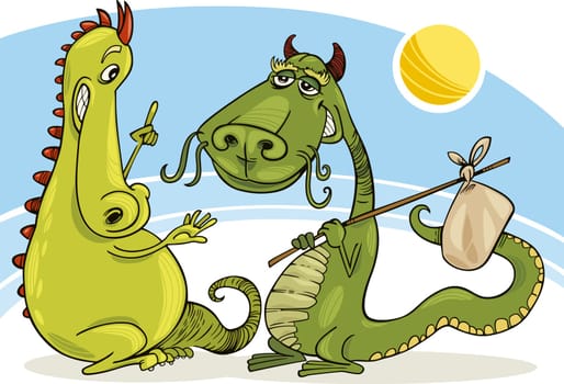 Illustration of two dragons talking