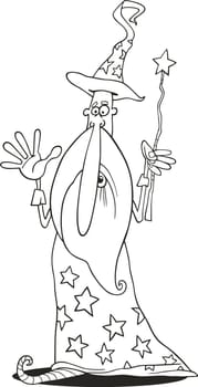 illustration of Wizard with magic wand for coloring book