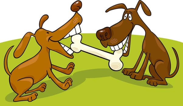 cartoon illustration of two dogs playing with bone